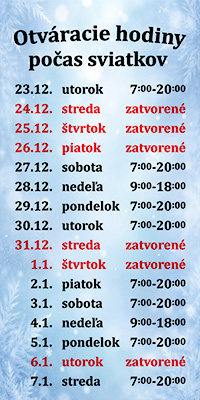 Otv�racie hodiny po�as sviatkov