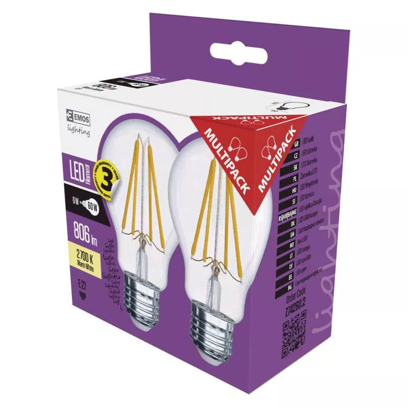 Žiarovka LED Filament A60 6 W E27 teplá biela (Z74260.2) 