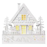 Domček vianočný LED drevený 28 cm, 2x AAA, vnút., teplá biela, čas., (DCWW06)